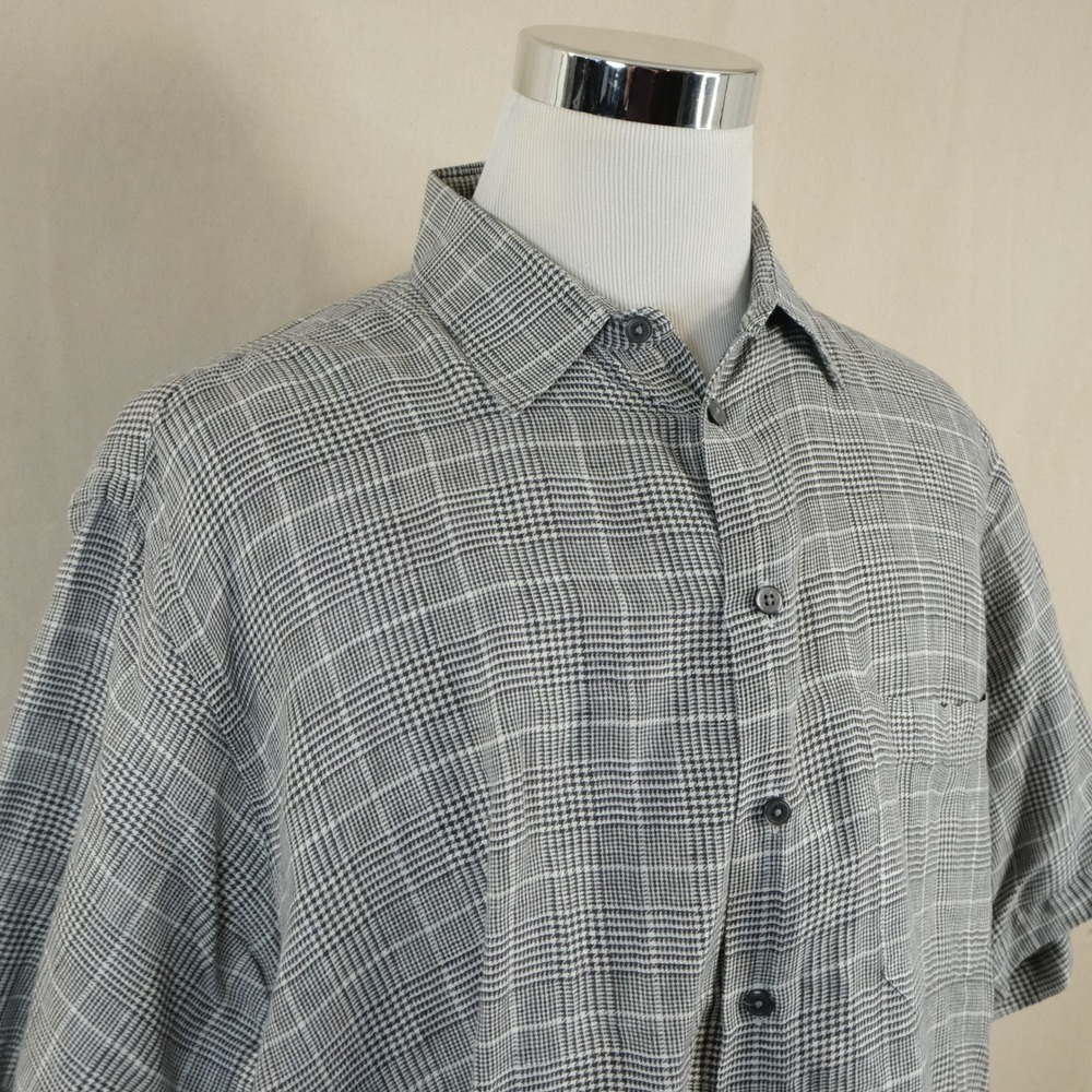 Tom James XL Regular Fit Button Front Shirt Gray Glen Plaid Short Sleeve Mens